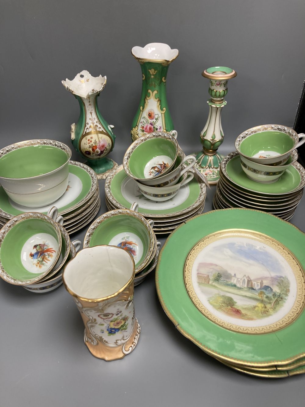Three English porcelain vases, four dessert plates and a Bohemian green ground teaset, tallest 24cm